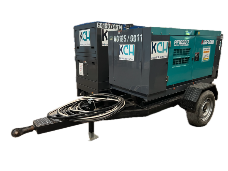 เครื่องอัดลมดีเซล 185 CFM รุ่น AIRFLOW AF185B-7 ของ KCH RENTAL บนรถพ่วง พร้อมสายลม